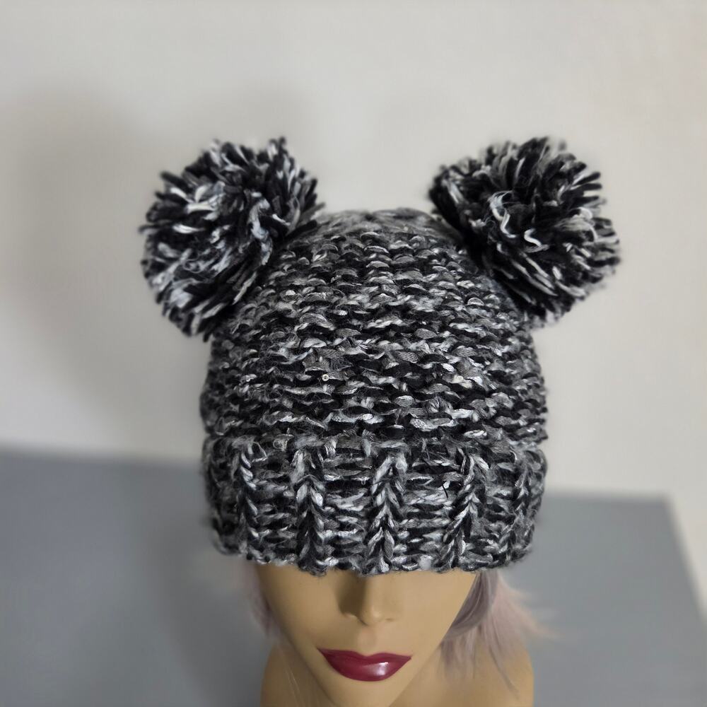 Handmade Chunky Knit Beanie Double Pom Pom Hat Black Sequin Winter Womens OS